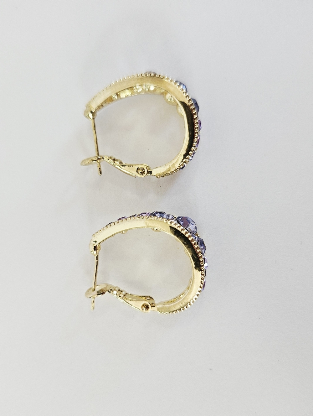 Sterling Silver Gold Coated Purple Rhinestone Huggie Hoop Hinge Clasps Earrings - Picture 4 of 7